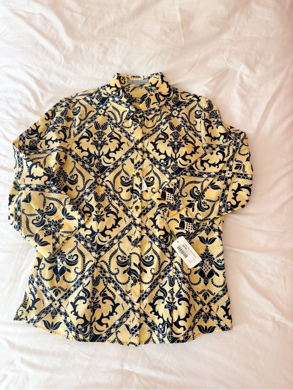 Pendleton Woolen Mills Yellow and Navy Blue Patterned Button Down Blouse Size 10